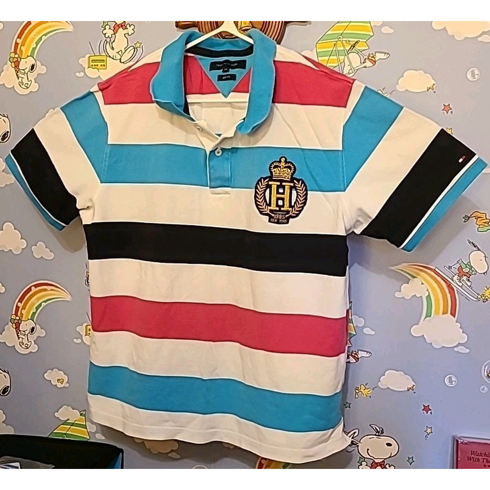 Tommy Hilfiger New York 1985 Large Crest Logo Polo Shirt Striped Blue White Pink